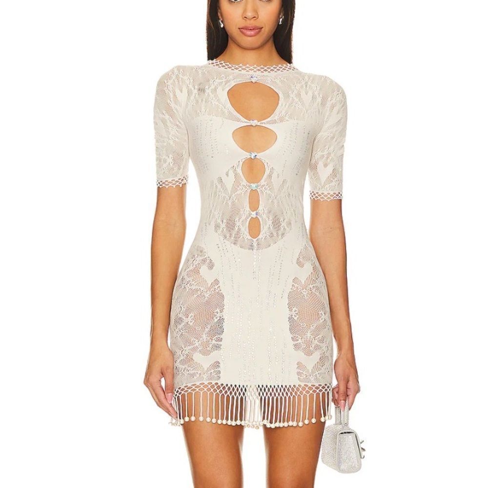 Poster Girl Yemaya Dress Shapewear Fringe Dress Oyster fishnet mini Revolve